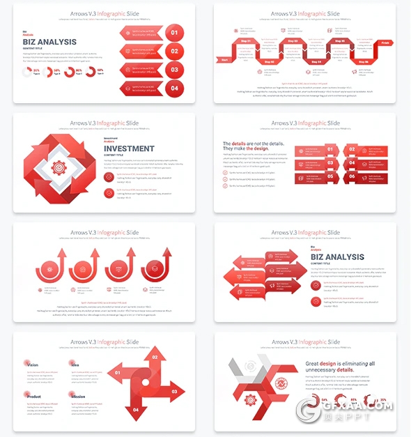 35页商务创意图形逻辑箭头图形PPT模板11种主题配色 - 顶尖PPT