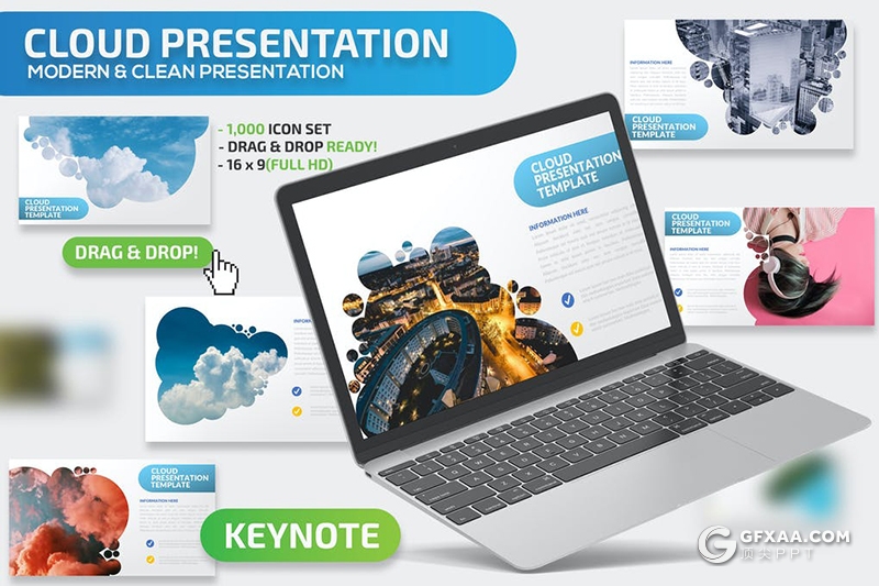 36页蓝色创意云朵剪影图片展示keynote模板 - 顶尖PPT