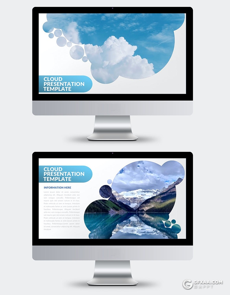 36页蓝色创意云朵剪影图片展示PPT模板 - 顶尖PPT