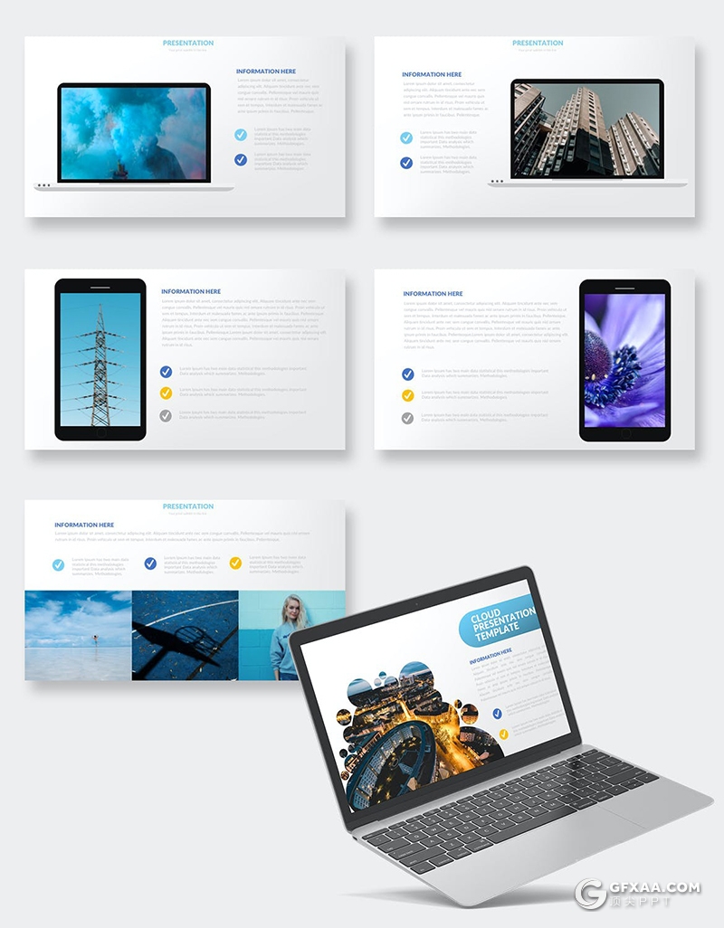 36页蓝色创意云朵剪影图片展示PPT模板 - 顶尖PPT