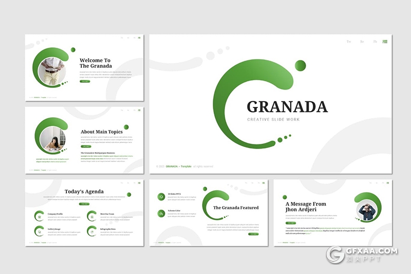 30页创意圆形设计商务风格企业工作环境展示PPT模板 - 顶尖PPT