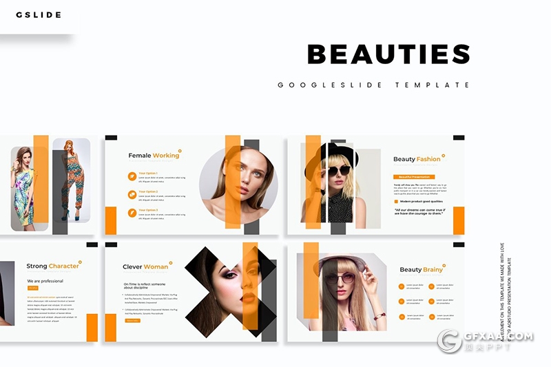 30页竖条版式设计时尚模特写真服装分析Google slides模板5种主题配色 - 顶尖PPT