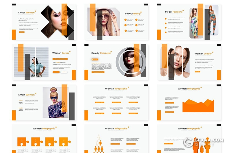 30页竖条版式设计时尚模特写真服装行业PPT模板5种主题配色 - 顶尖PPT