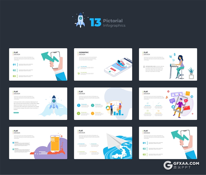 200页国外彩色创意商务图形ppt模板卡通人物插画ppt树形图圆形金字塔箭头指向地图图形PPT模板 - 顶尖PPT