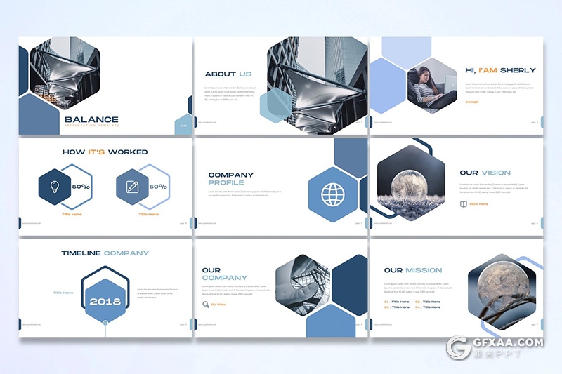 30页创意六边形组合排版国外商务多用途PPT模板5种主题配色 - 顶尖PPT