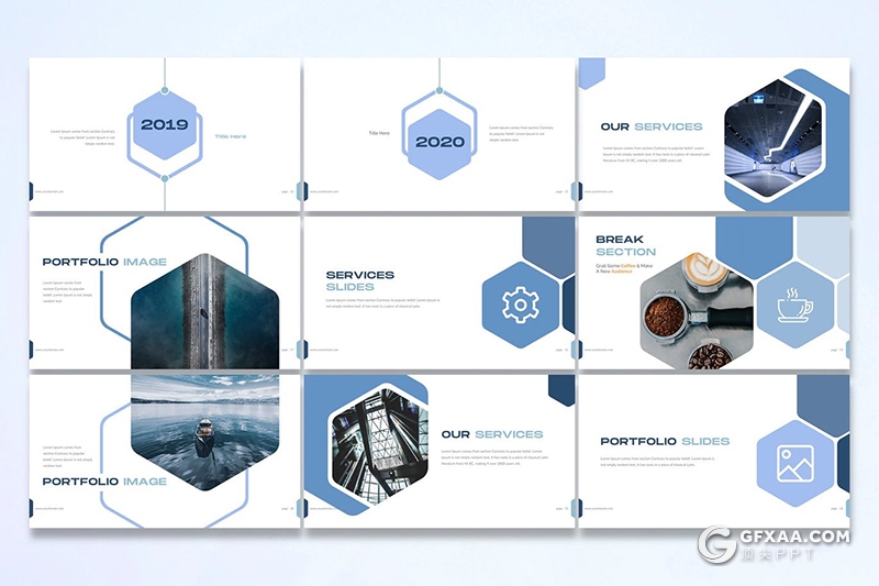 30页创意六边形组合排版国外商务多用途PPT模板5种主题配色 - 顶尖PPT
