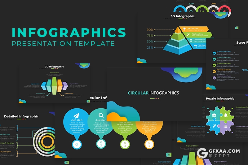 174页黑底色彩3D商务信息图形图表PPT模板积木图形金字塔箭头饼形图对比分析图形PPT模板 - 顶尖PPT