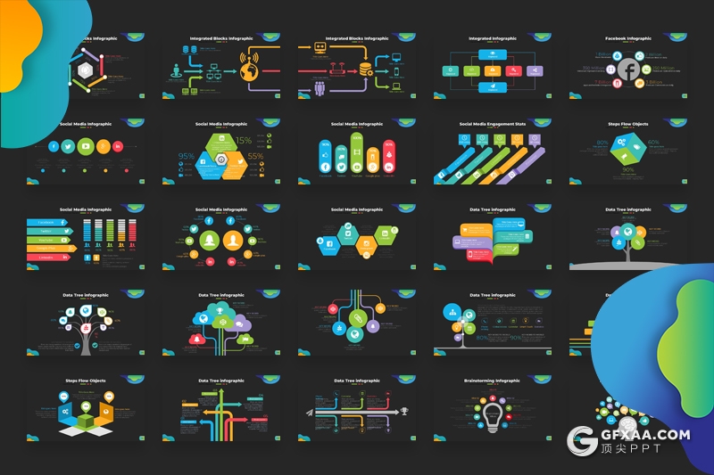 174页黑底色彩3D商务信息图形图表PPT模板积木图形金字塔箭头饼形图对比分析图形PPT模板 - 顶尖PPT