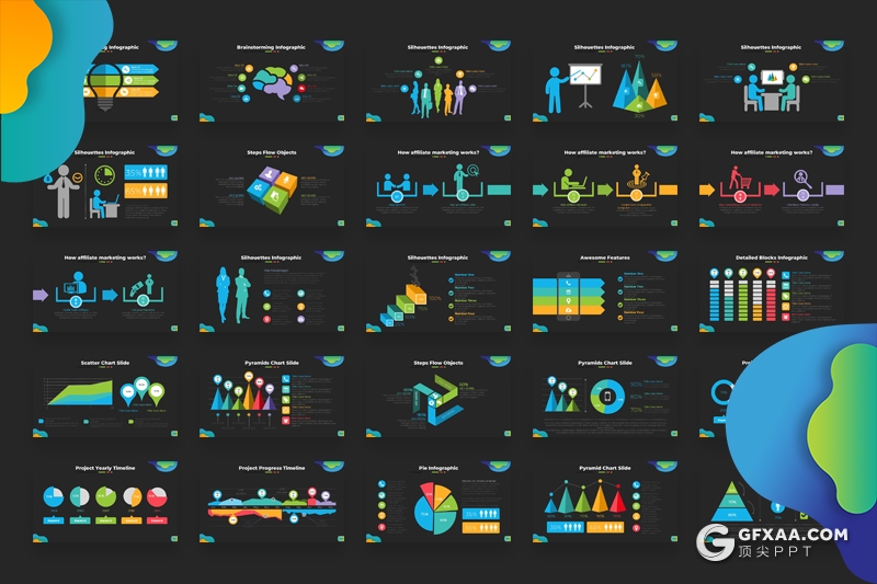174页黑底色彩3D商务信息图形图表PPT模板积木图形金字塔箭头饼形图对比分析图形PPT模板 - 顶尖PPT