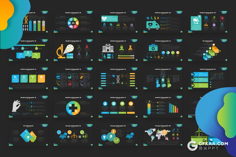 174页黑底色彩3D商务信息图形图表PPT模板积木图形金字塔箭头饼形图对比分析图形PPT模板 - 顶尖PPT