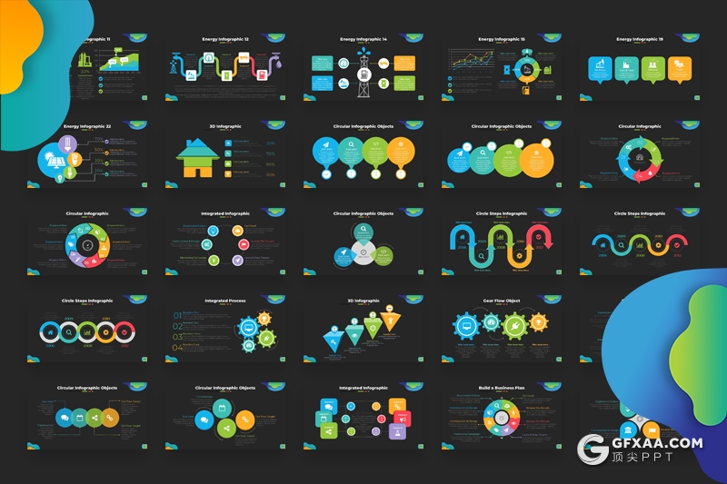 174页黑底色彩3D商务信息图形图表PPT模板积木图形金字塔箭头饼形图对比分析图形PPT模板 - 顶尖PPT
