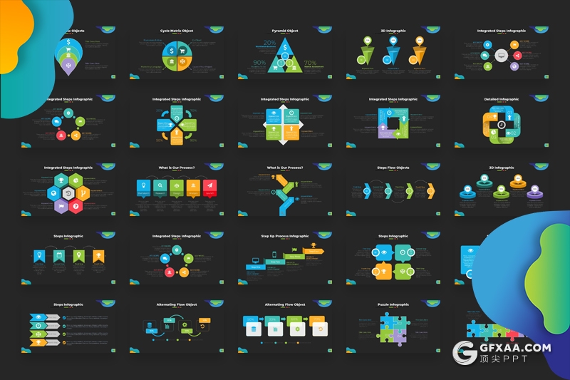 174页黑底色彩3D商务信息图形图表PPT模板积木图形金字塔箭头饼形图对比分析图形PPT模板 - 顶尖PPT