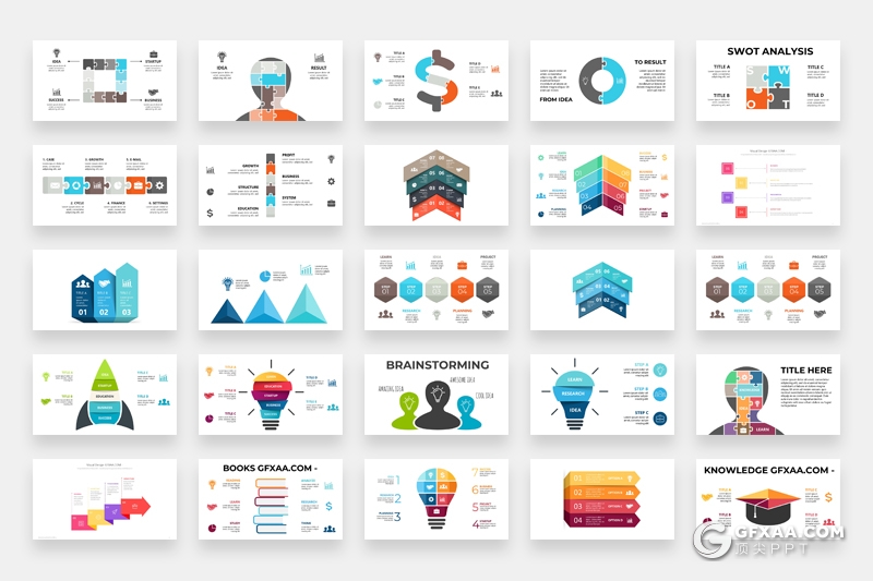 325页PPT超级图形包创意灯泡图形逻辑图形微立体圆环图箭头图形对比分析图形PPT模板合集 - 顶尖PPT