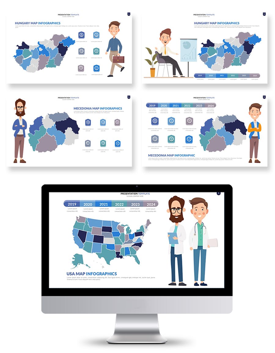 卡通人物插画世界国家地图PPT模板 - 顶尖PPT