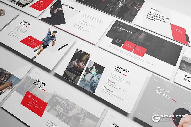 30页红色运动健身健身房健身器材宣传介绍keynote模板 - 顶尖PPT