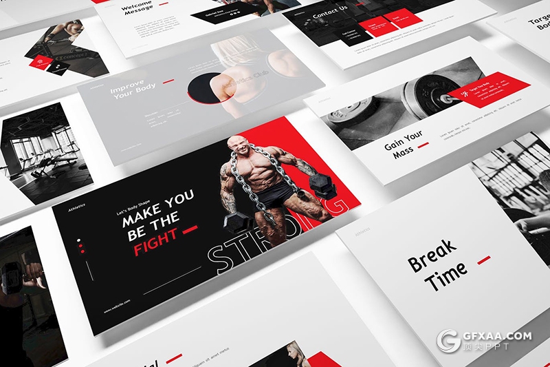 30页红色运动健身健身房健身器材宣传介绍keynote模板 - 顶尖PPT