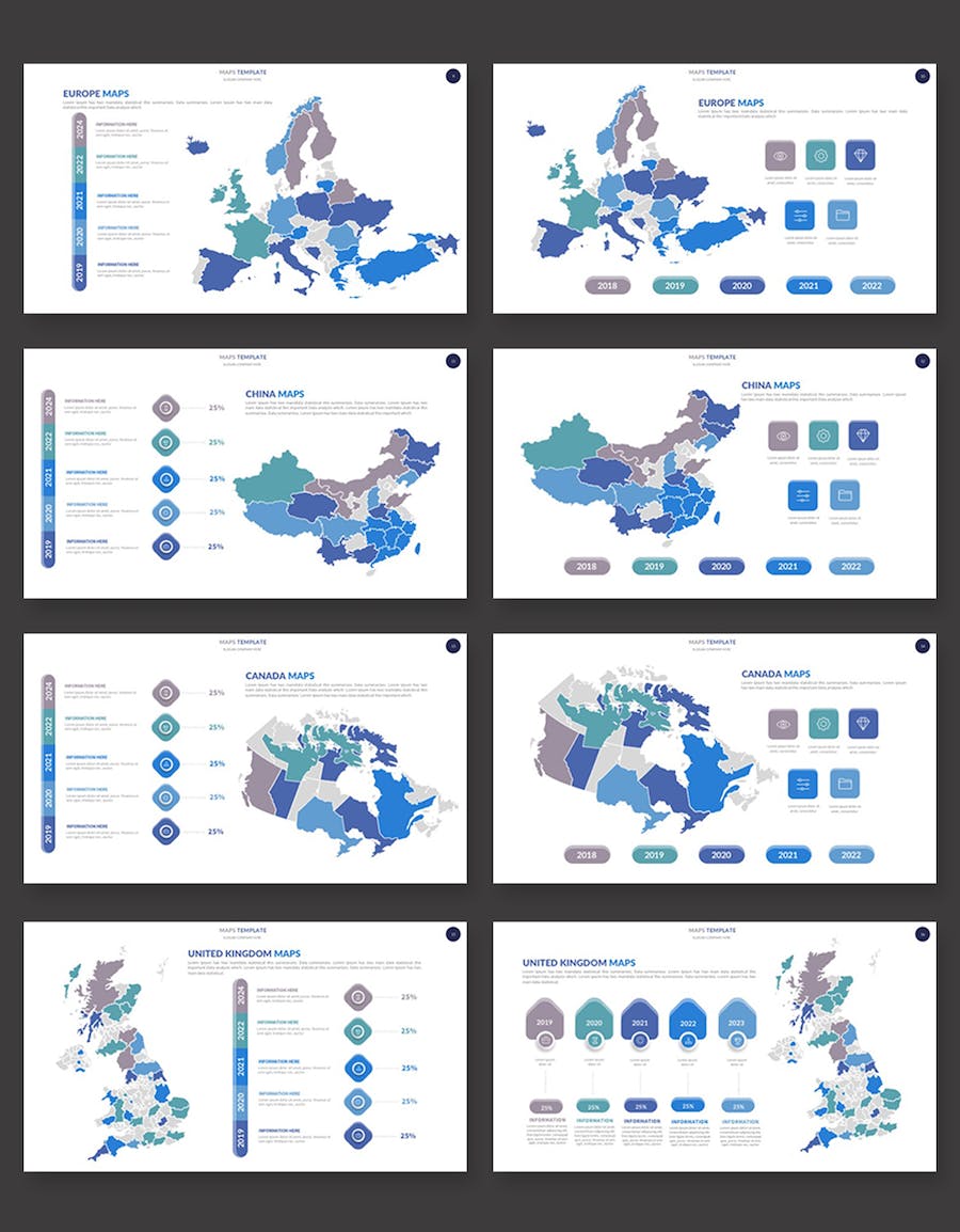 蓝色世界各个国家地图keynote模板 - 顶尖PPT