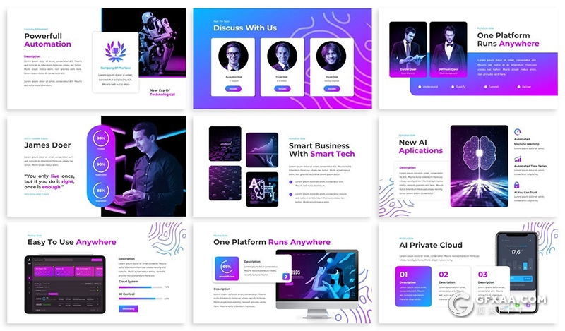 30页网络科技人工智能AI虚拟AR科技介绍展示Google slides模板3种主题配色 - 顶尖PPT
