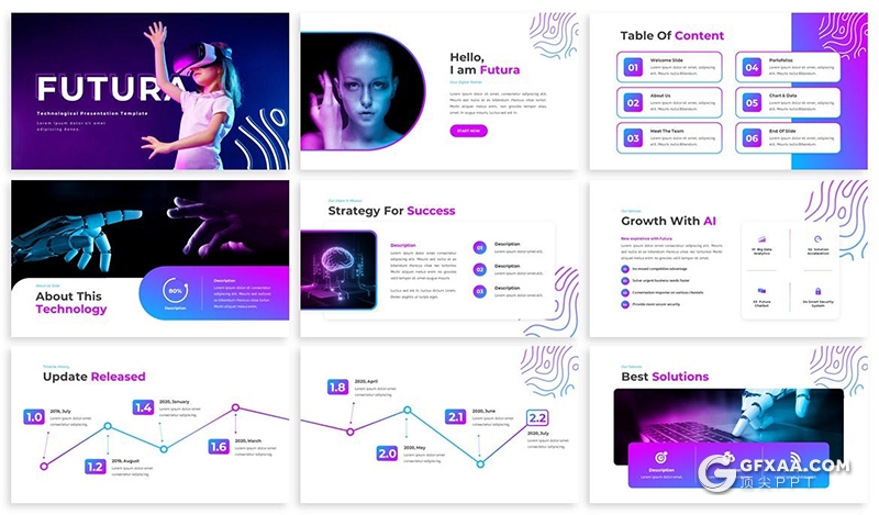 30页网络科技人工智能AI虚拟AR科技介绍展示Google slides模板3种主题配色 - 顶尖PPT