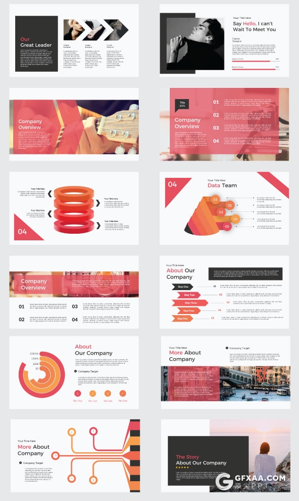 103页红色国外简约风格创意设计扁平化商务多用途PPT模板 - 顶尖PPT