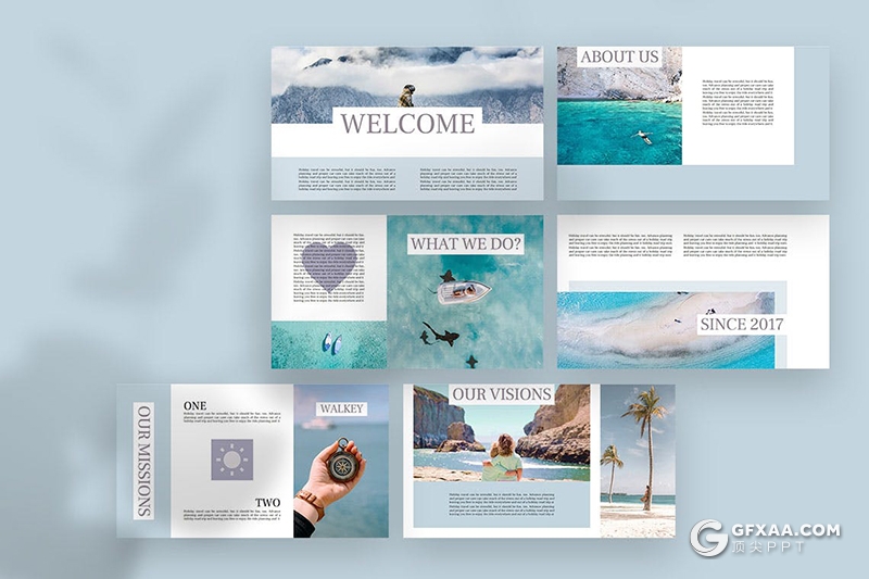 31页蓝色扁平化简约风格旅游度假风景景点介绍展示keynote模板 - 顶尖PPT