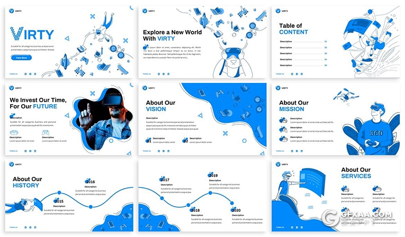 30页卡通手绘插画互联网科技风格虚拟VR人工智能keynote模板 - 顶尖PPT