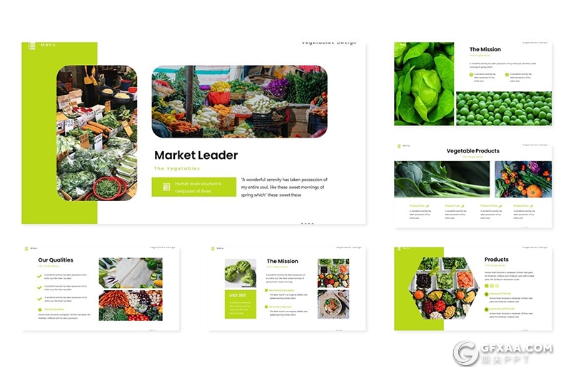 30页国外扁平化蔬菜水果介绍展示Google slides模板5种主题配色 - 顶尖PPT