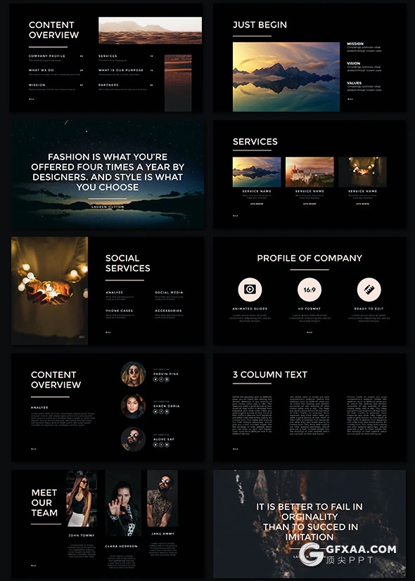 黑色土豪金配色时尚摄影美图展示多用途PPT模板 - 顶尖PPT