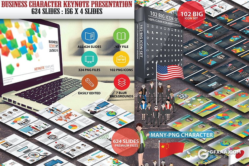 156页欧美商务风格企业全球布局商业演讲keynote模板324个PNG图形文件+102个png图标 - 顶尖PPT