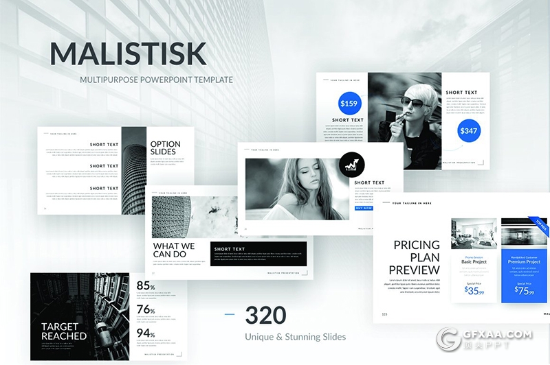 321页创意图形设计商务通用ppt模板国外简约时尚工作汇报ppt模板7种主题配色 - 顶尖PPT