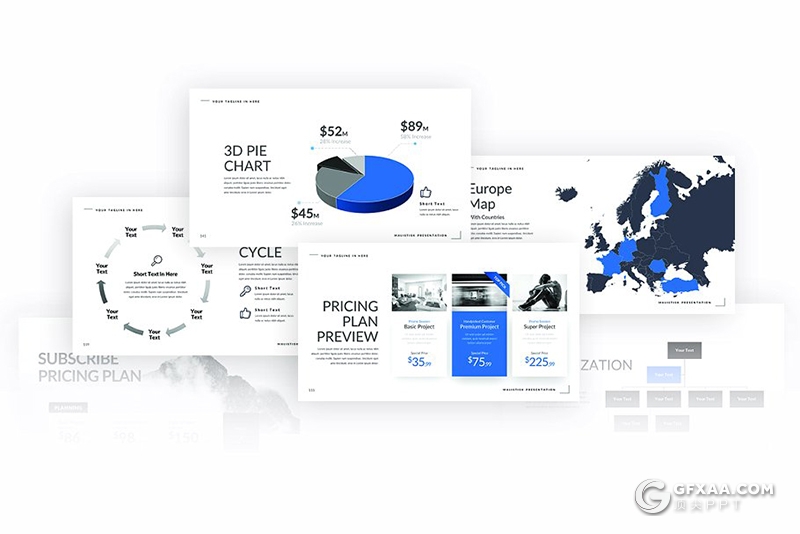 321页创意图形设计商务通用ppt模板国外简约时尚工作汇报ppt模板7种主题配色 - 顶尖PPT