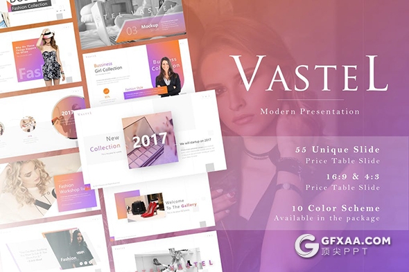 55页时尚流行创意杂志风格ppt模板摄影模特写真服装秀展示PPT模板10种配色 - 顶尖PPT
