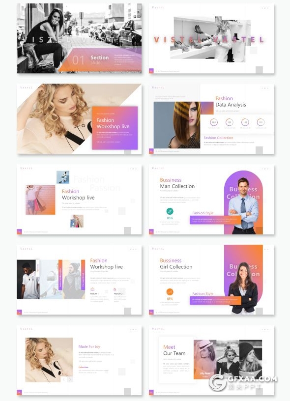 55页时尚流行创意杂志风格ppt模板摄影模特写真服装秀展示PPT模板10种配色 - 顶尖PPT