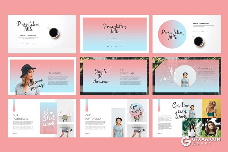 50页粉蓝渐变简约时尚流行风格PPT模板 - 顶尖PPT