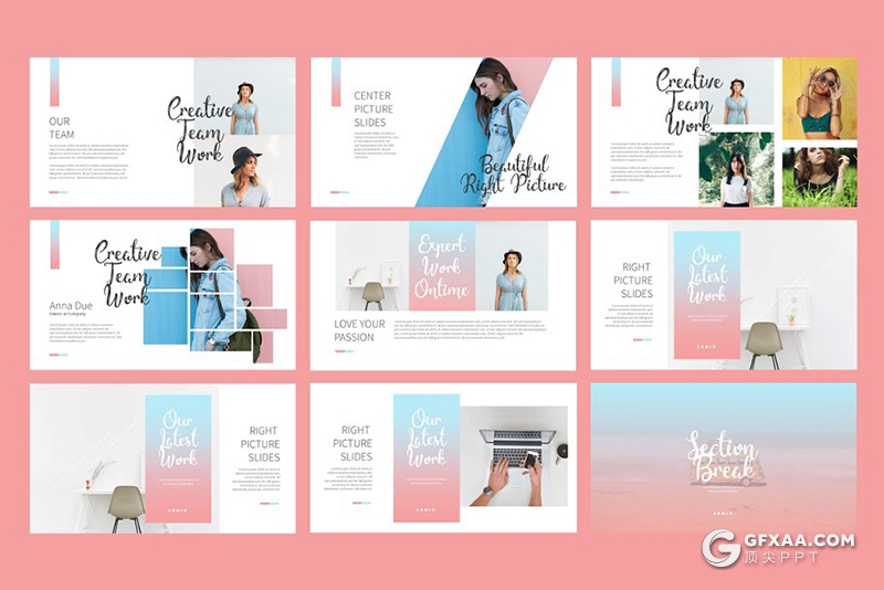 50页粉蓝渐变简约时尚流行风格PPT模板 - 顶尖PPT