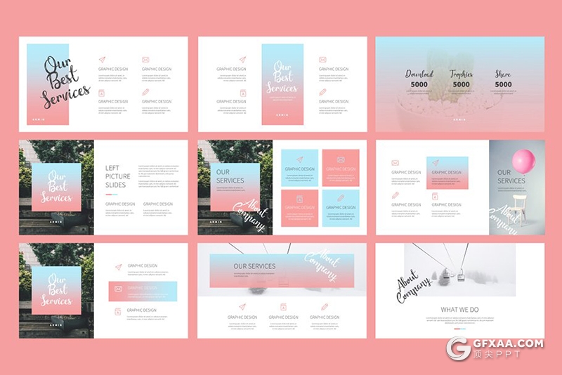 50页粉蓝渐变简约时尚流行风格PPT模板 - 顶尖PPT