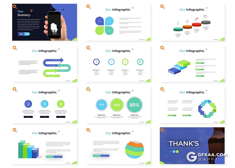 30页国外创意版式图形设计商务年终工作总结计划PPT模板5种主题配色 - 顶尖PPT