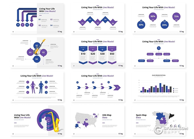 30页欧美风格音乐演唱会活动策划音乐人介绍展示PPT模板5种主题配色 - 顶尖PPT