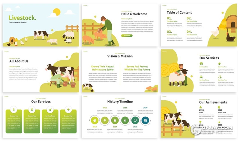 30页卡通插画畜牧业养殖管理介绍PPT模板3种TP主题配色 - 顶尖PPT
