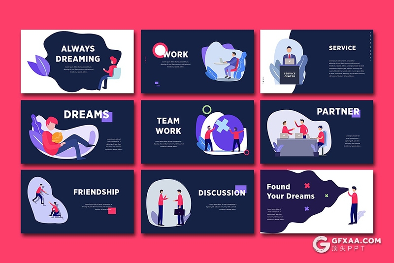 40页创意时尚商务风格业务合作卡通插画PPT模板 - 顶尖PPT