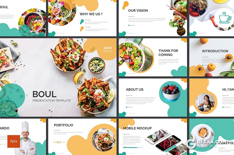 30页创意图形设计西式餐饮美食介绍宣传PPT模板5种主题配色 - 顶尖PPT