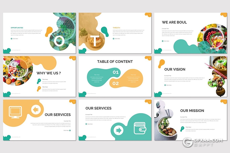 30页创意图形设计西式餐饮美食介绍宣传PPT模板5种主题配色 - 顶尖PPT