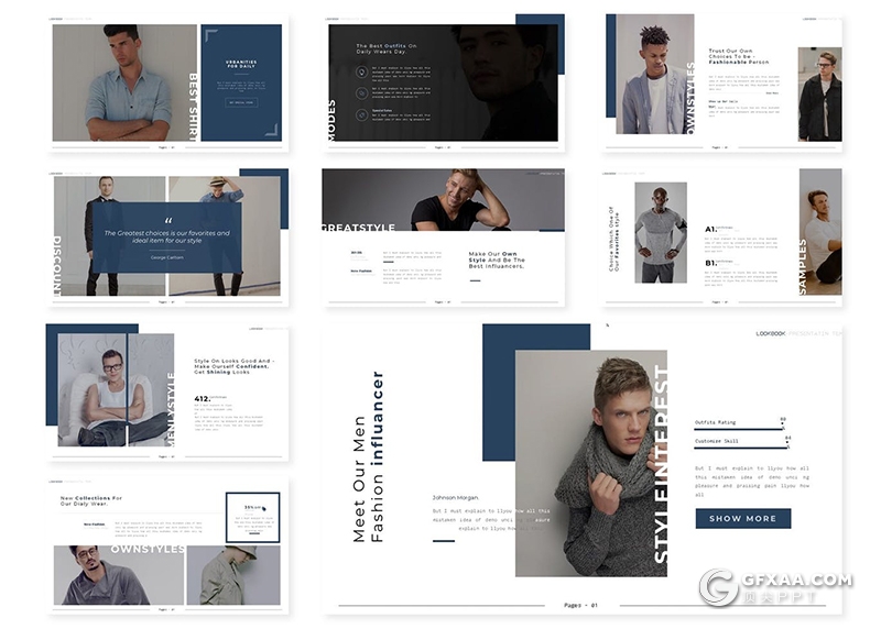 30页简约时尚品牌男人装服装展示介绍Google slides模板5种主题配色 - 顶尖PPT