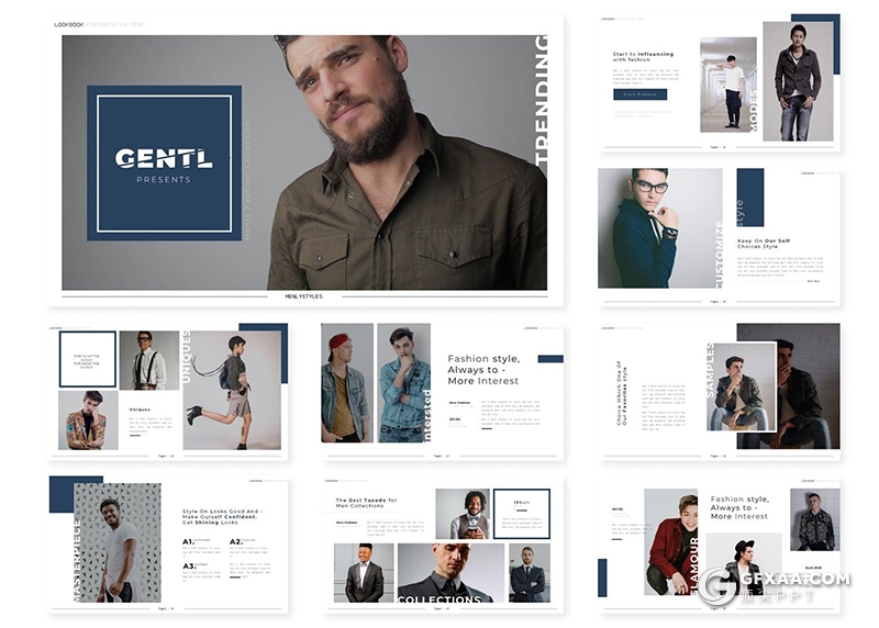 30页简约时尚品牌男人装服装展示介绍Google slides模板5种主题配色 - 顶尖PPT