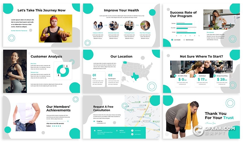 30页圆形组合设计国外健身锻炼减肥主题keynote模板3种主题配色 - 顶尖PPT