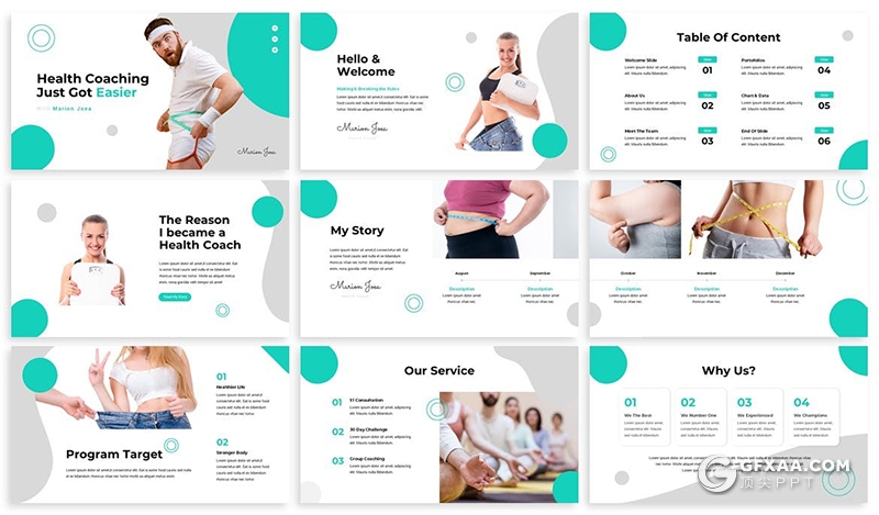 30页圆形组合设计国外健身锻炼减肥主题keynote模板3种主题配色 - 顶尖PPT