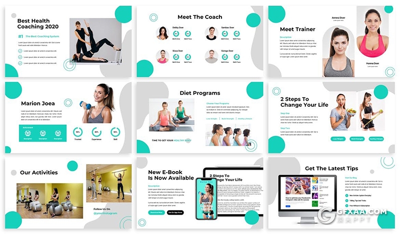 30页圆形组合设计国外健身锻炼减肥主题keynote模板3种主题配色 - 顶尖PPT