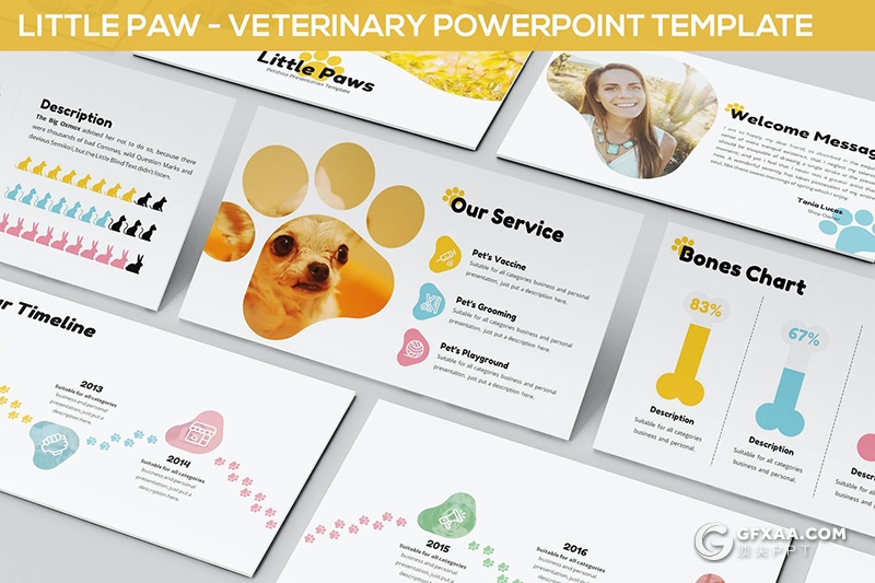 30页小爪子图形宠物店宠物医疗介绍宣传PPT模板3种主题配色 - 顶尖PPT