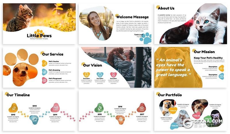 30页小爪子图形宠物店宠物医疗介绍宣传PPT模板3种主题配色 - 顶尖PPT