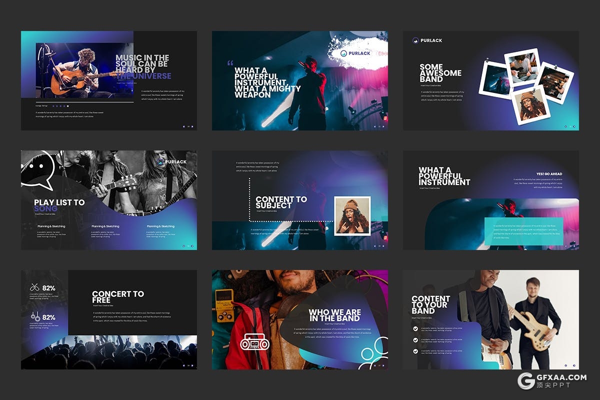 40页时尚潮流风格音乐活动现场音乐演唱会Google slides模板3种主题配色 - 顶尖PPT